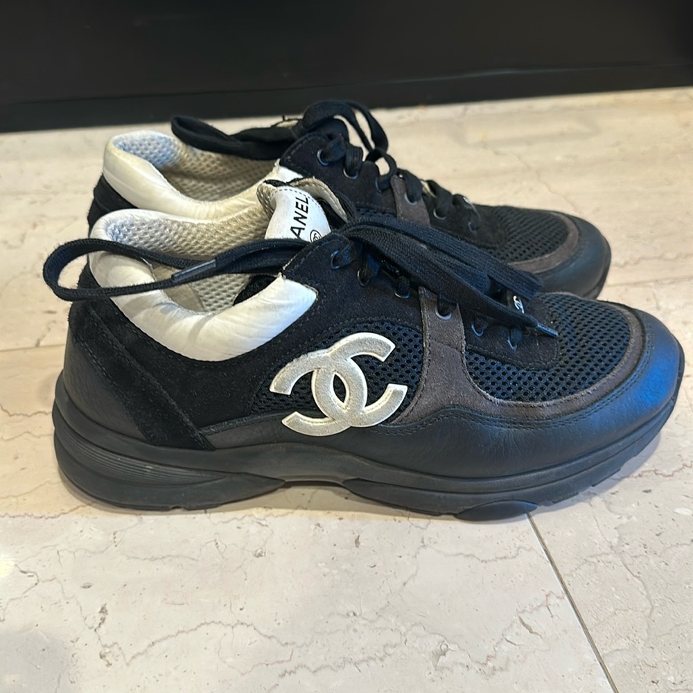 AUTH CHANEL black&white tennis shoes sneakers heels slides CC neimans $1350!